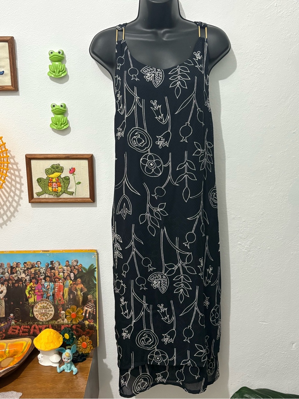 Women’s Vintage Italian Made Viscose Black Floral Sleeveless Maxi Dress